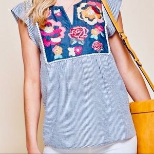 Savanna Jane Embroidered Floral stripped tunic oversized shirt dress Small EEEUC